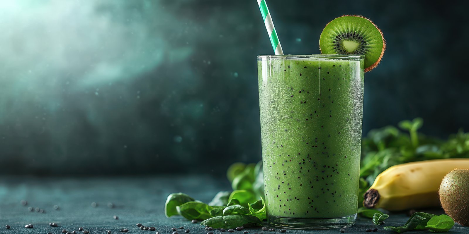 Refreshing kiwi and banana smoothie with spinach on a dark textured background